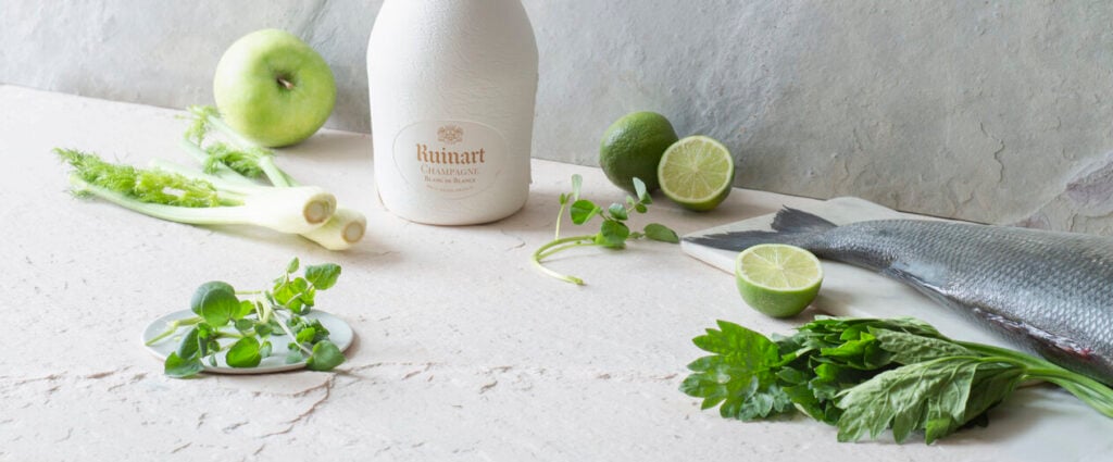 Menu Ruinart Blanc de Blancs x Sea bass citruses carpaccio and crunchy vegetables - Champmarket