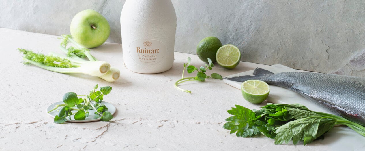 Menu Ruinart Blanc de Blancs x Sea bass citruses carpaccio and crunchy vegetables - Champmarket