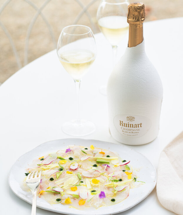 Menu Ruinart Blanc de Blancs x Sea bass citruses carpaccio and crunchy vegetables - Champmarket