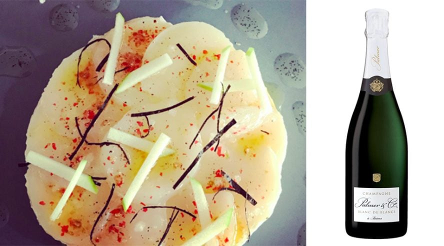 Recette Carpaccio de Noix de Saint-Jacques et champagne Palmer & Co Blanc de Blancs, l'accord parfait par Damien Litaudon - Champmarket